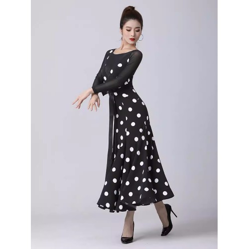 Black white polka dot ballroom dance dresses for women girls waltz tango foxtrot smooth flamenco dancing long skirts for female